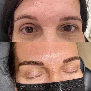 Antes y después de tratamiento de microblading en cejas de mujer.